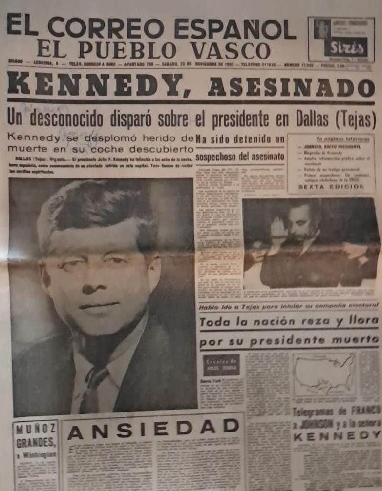 Portada del periódico El Correo Español El Pueblo Vasco con el titular Kennedy, asesinado.